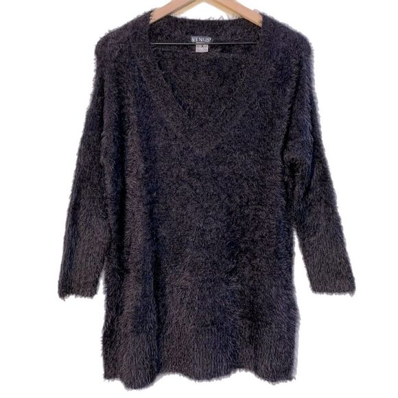 Venus Tunic Top Women’s Medium Black Fuzzy Soft V-Neck 3/4 Sleeve. - Picture 1 of 11